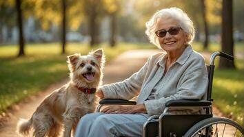 ai generiert Alten Frau im ein Rollstuhl mit ein Hund draußen im das Park foto