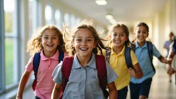 ai generiert glücklich Schulkinder Laufen entlang das Gang foto