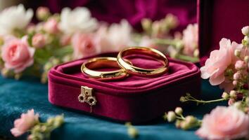 ai generiert Gold Ring auf ein Hintergrund von schön Blumen Jahrestag foto