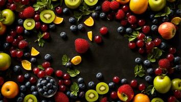 ai generiert verschiedene Früchte und Beeren auf ein dunkel Hintergrund foto