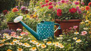 ai generiert farbig Bewässerung können mit Blumen im das Sommer- Garten foto