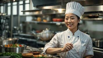 ai generiert glücklich asiatisch Frau Koch im Restaurant Küche foto