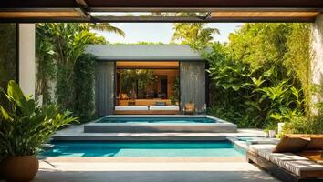 ai generiert Schlafzimmer mit Schwimmbad, tropisch Pflanzen foto