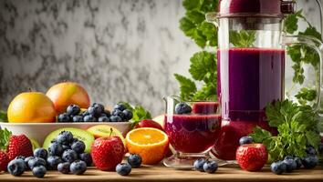 ai generiert frisch Saft von verschiedene Früchte und Beeren foto