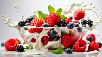 ai generiert frisch Beeren Erdbeeren, Blaubeeren, Himbeeren Joghurt foto