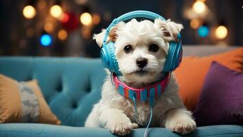 ai generiert süß maltesisch Hund tragen Kopfhörer im das Zimmer foto