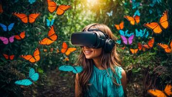 ai generiert wenig Mädchen tragen virtuell Wirklichkeit Brille im das Wald, Schmetterlinge foto