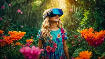 ai generiert wenig Mädchen tragen virtuell Wirklichkeit Brille im das Wald, Blumen foto