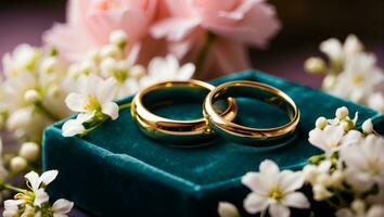 ai generiert Gold Ring auf ein Hintergrund von schön Blumen Jahrestag foto