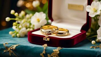 ai generiert Gold Ring auf ein Hintergrund von schön Blumen Jahrestag foto