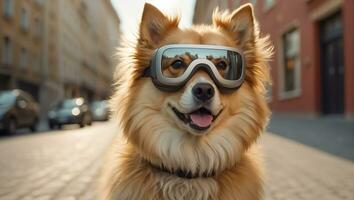 ai generiert süß Hund tragen virtuell Wirklichkeit Brille auf das Straße foto