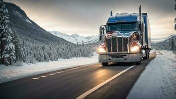 ai generiert LKW Fahren entlang ein schneebedeckt Straße während das Tag foto