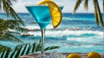 ai generiert Blau Cocktail im ein schön Glas, Zitrone, Tag gegen das Meer foto