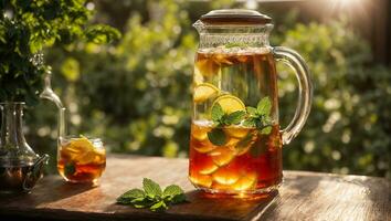 ai generiert kalt Tee mit Zitrone und Minze auf das Tabelle im Glas foto