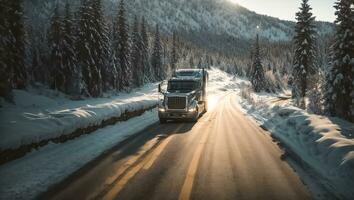 ai generiert LKW Fahren entlang ein schneebedeckt Straße während das Tag foto