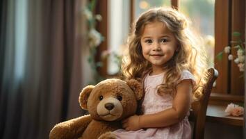 ai generiert Porträt von ein wenig Mädchen mit ein Teddy Bär im das Zimmer foto