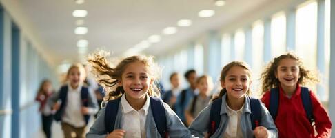 ai generiert glücklich Schulkinder Laufen entlang das Gang foto