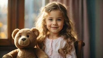 ai generiert Porträt von ein wenig Mädchen mit ein Teddy Bär im das Zimmer foto