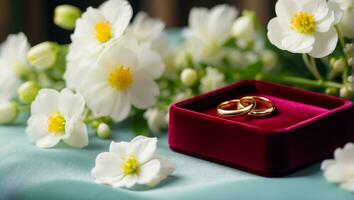 ai generiert Gold Ring auf ein Hintergrund von schön Blumen Jahrestag foto
