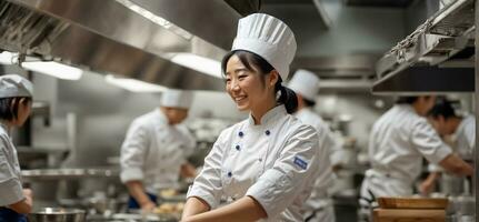 ai generiert glücklich asiatisch Frau Koch im Restaurant Küche foto