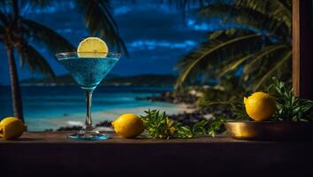 ai generiert Blau Cocktail im ein schön Glas, Zitrone, Nacht gegen das Meer foto