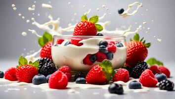 ai generiert frisch Beeren Erdbeeren, Blaubeeren, Himbeeren Joghurt foto