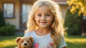 ai generiert wenig Mädchen mit ein Teddy Bär im Natur gegen das Hintergrund von ein Haus foto