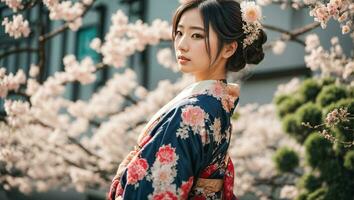 ai generiert Porträt von ein schön japanisch Mädchen, Blume foto