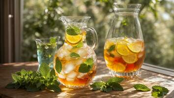 ai generiert kalt Tee mit Zitrone und Minze auf das Tabelle im Glas foto