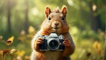 ai generiert süß freundlich Eichhörnchen mit ein Kamera im das Park foto