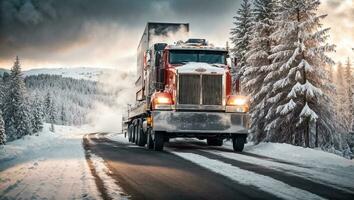 ai generiert LKW Fahren entlang ein schneebedeckt Straße während das Tag foto