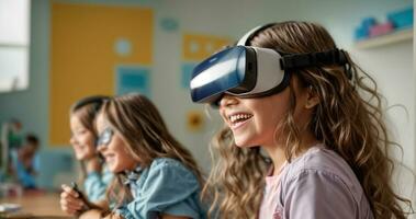 ai generiert Schülerin tragen virtuell Wirklichkeit Brille im Klasse foto