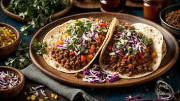 ai generiert köstlich appetitlich Taco mit Fleisch und Zwiebel auf alt Hintergrund foto