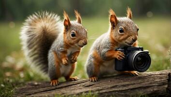 ai generiert süß freundlich Eichhörnchen mit ein Kamera im das Park foto