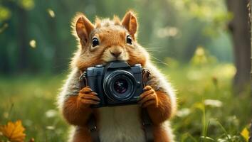 ai generiert süß freundlich Eichhörnchen mit ein Kamera im das Park foto