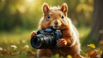 ai generiert süß freundlich Eichhörnchen mit ein Kamera im das Park foto