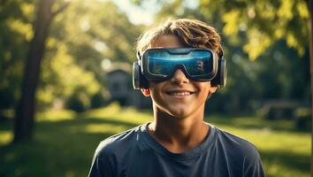 ai generiert Junge im virtuell Wirklichkeit Brille auf das Straßen im Sommer- foto