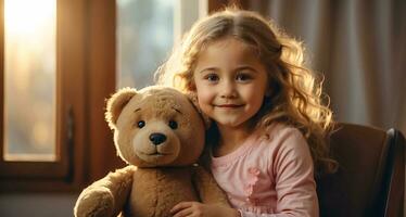 ai generiert Porträt von ein wenig Mädchen mit ein Teddy Bär im das Zimmer foto