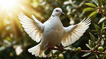 ai generiert Weiß Taube auf ein Hintergrund von ein Baum Ast foto