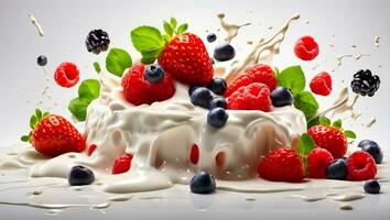 ai generiert frisch Beeren Erdbeeren, Blaubeeren, Himbeeren Joghurt foto