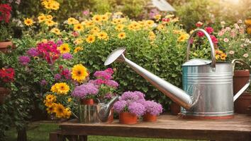 ai generiert farbig Bewässerung können mit Blumen im das Sommer- Garten foto