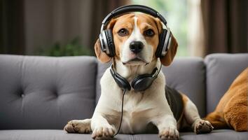 ai generiert süß Beagle Hund tragen Kopfhörer im das Zimmer foto
