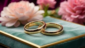 ai generiert Gold Ring auf ein Hintergrund von schön Blumen Jahrestag foto