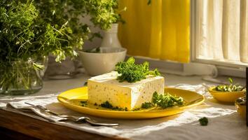 ai generiert frisch Tofu Käse mit Petersilie im das Küche foto
