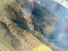 Verbrennung trocken Gras entlang das Bewässerung Kanal. Rauch und das Flamme von trocken Gras. verbrannt trocken Gras. foto