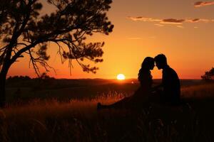 ai generiert Paar Silhouette auf ein grasig Hügel mit ein Vorschlag, Engagement, Hochzeit und Jahrestag Bild foto