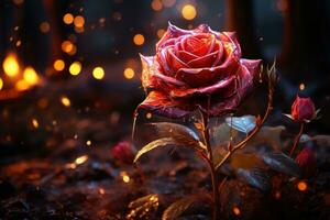 zauberhaft rot Rose umarmt durch das glühen von magisch Glühwürmchen im ein mystisch Garten, Engagement, Hochzeit und Jahrestag Bild foto