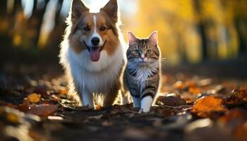 ai generiert das Beste Katze und Hund nehmen ein gemächlich gehen durch ein schön Garten Einstellung, Haustier Fotografie foto