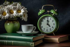 ai generiert ein gemütlich Szene mit ein Buch Apfel Alarm Uhr und Gänseblümchen auf ein Tisch, vielfältig Bildung und Lehrer Tag Bild foto