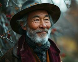 ai generiert lächelnd Opa im das Park mit ein Hut, aktiv Senioren Lebensstil Bilder foto